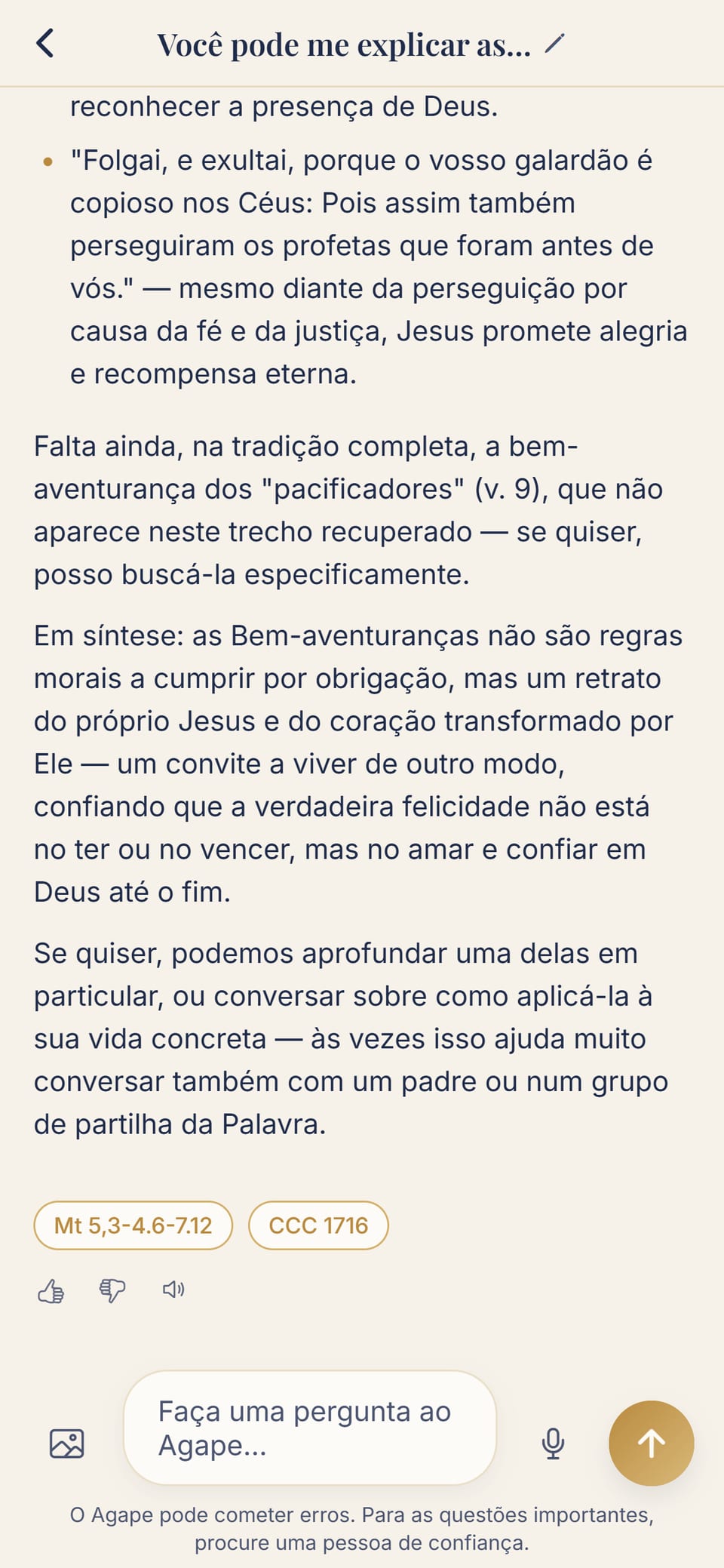 O app Agape: uma resposta sobre as Bem-aventuranças com as fontes citadas (Mt 5 e o Catecismo)