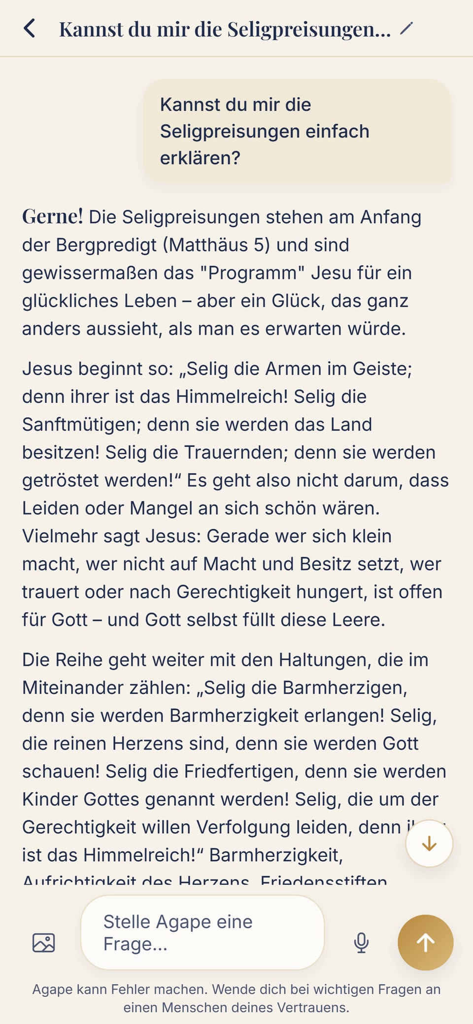 Ein echtes Gespräch mit Agape: die Frage zu den Seligpreisungen und der Beginn der Antwort