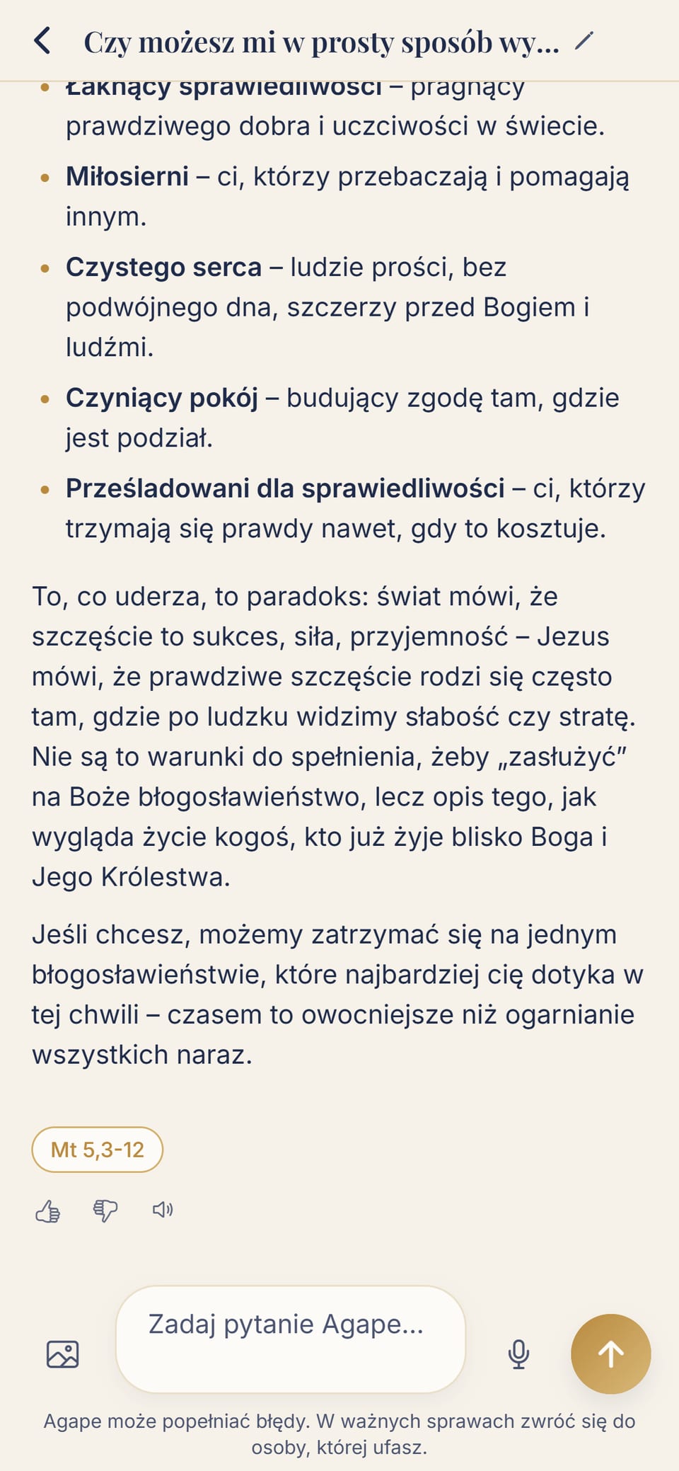 Aplikacja Agape: odpowiedź o Błogosławieństwach z cytowanym źródłem (Mt 5,3-12)