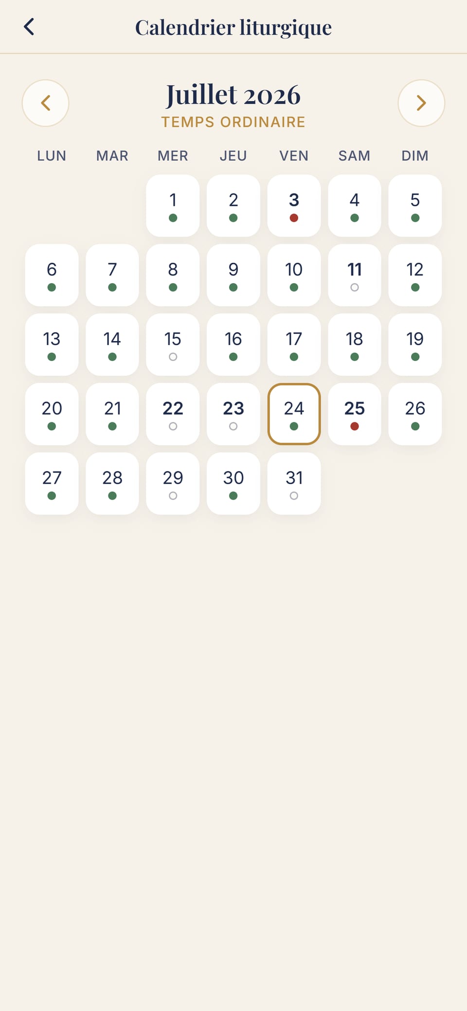 Le calendrier liturgique de juillet avec les couleurs et les temps liturgiques