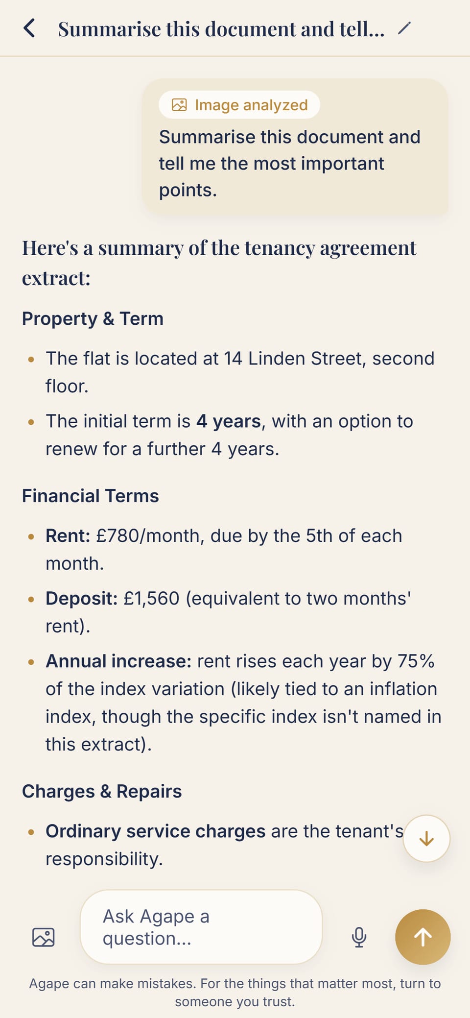 The Agape app: the photo of a tenancy agreement, summarised point by point