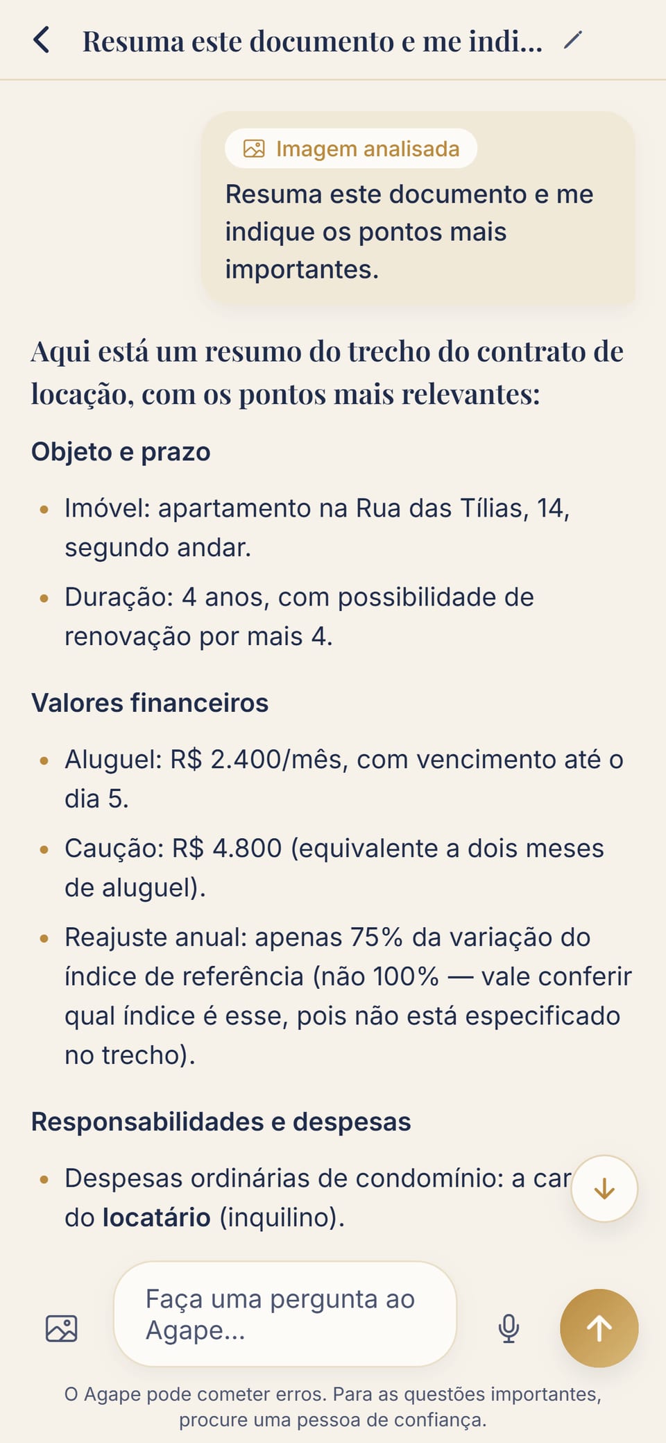 O app Agape: a foto de um contrato de locação, resumido ponto a ponto