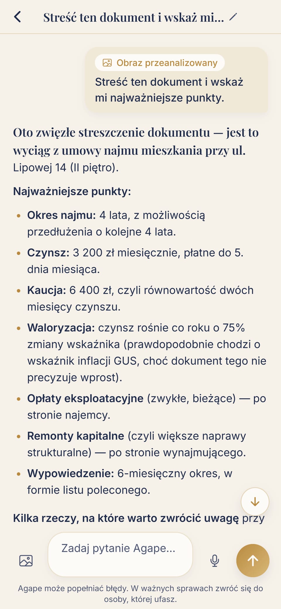 Aplikacja Agape: zdjęcie umowy najmu, streszczone punkt po punkcie