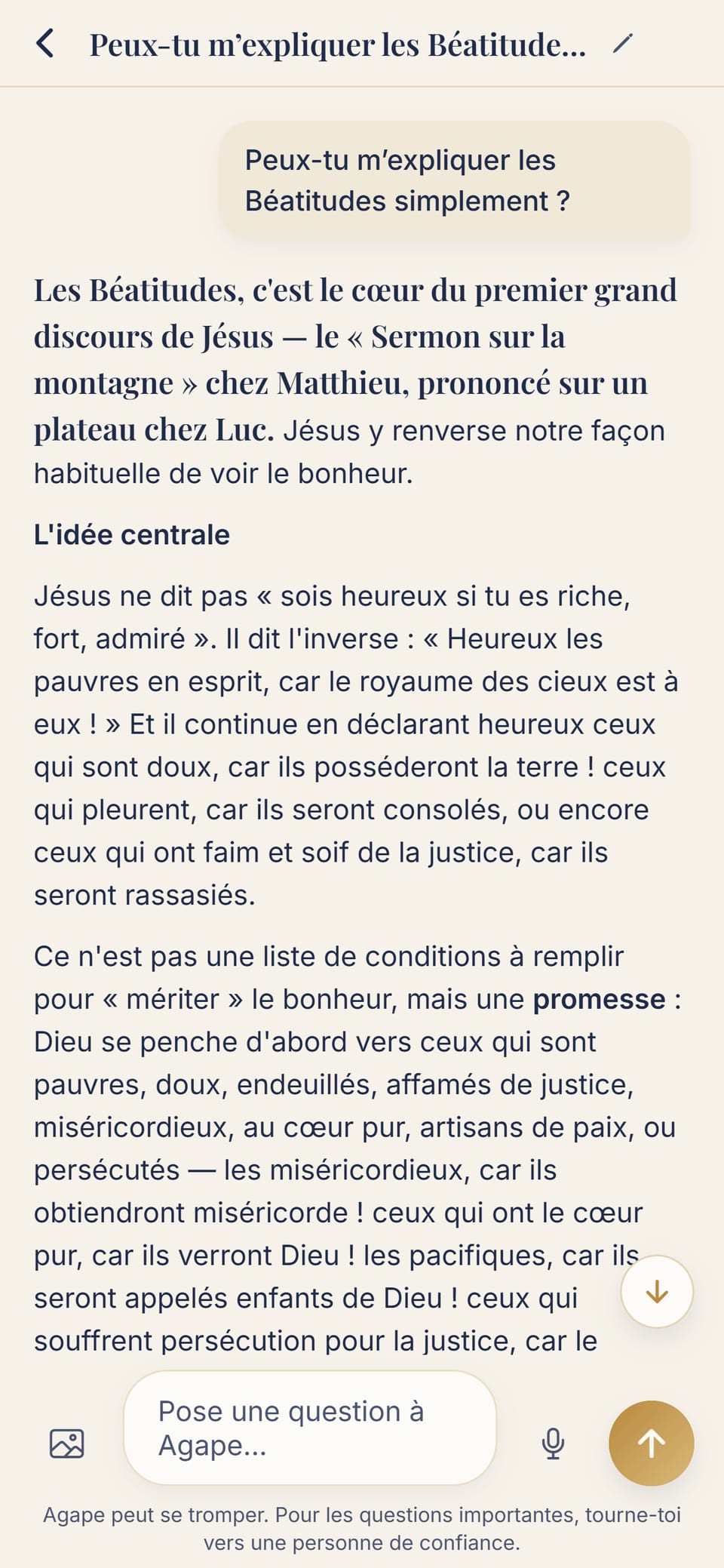 Une conversation réelle avec Agape : la question sur les Béatitudes et le début de la réponse