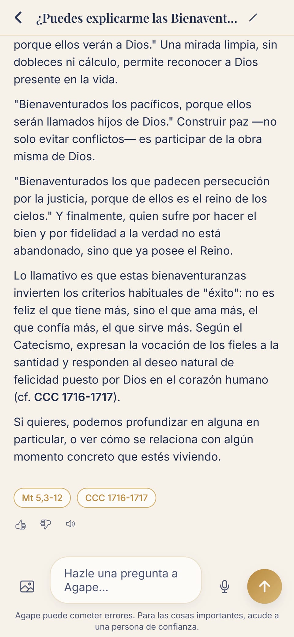 La app Agape: una respuesta sobre las Bienaventuranzas con las fuentes citadas (Mt 5,3-12 y el Catecismo)