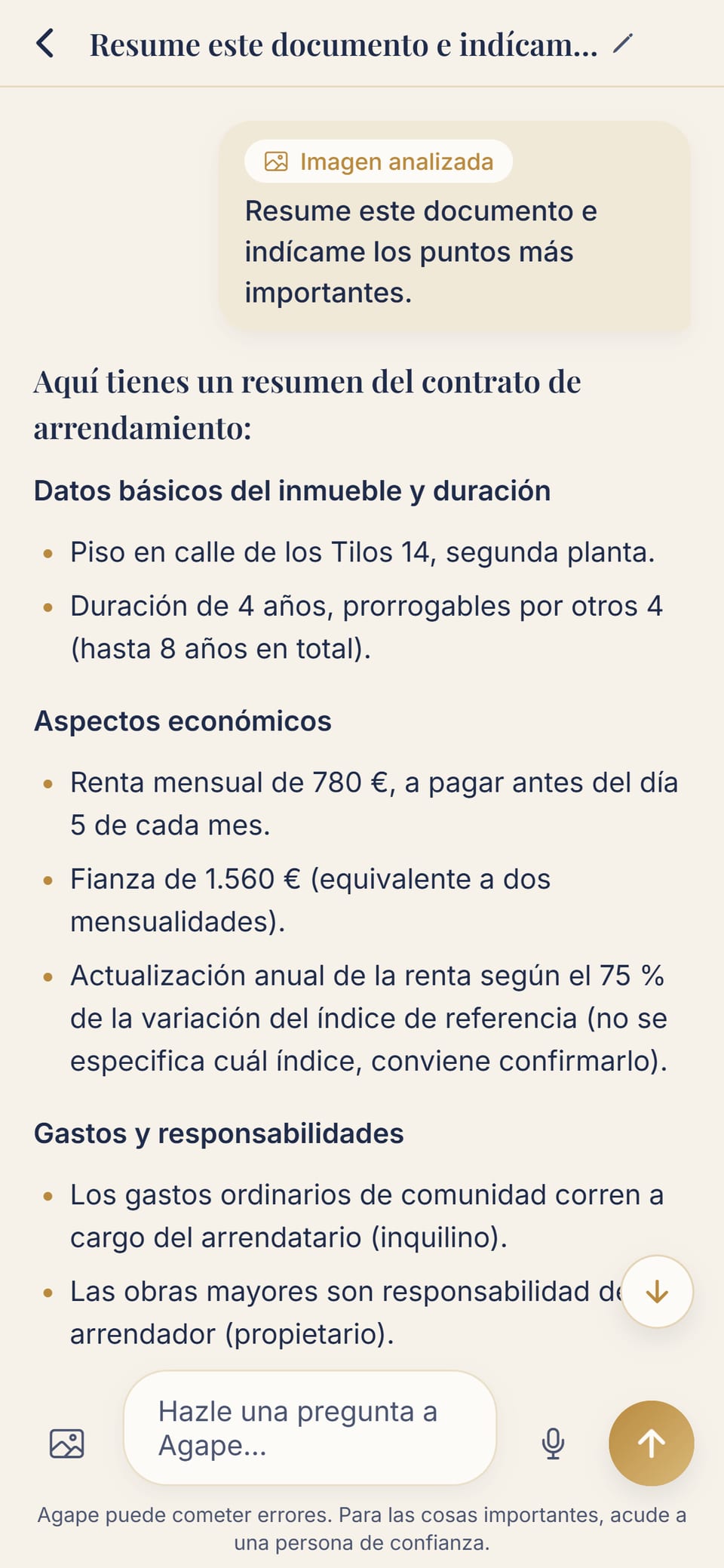 La app Agape: la foto de un contrato de arrendamiento, resumido punto por punto