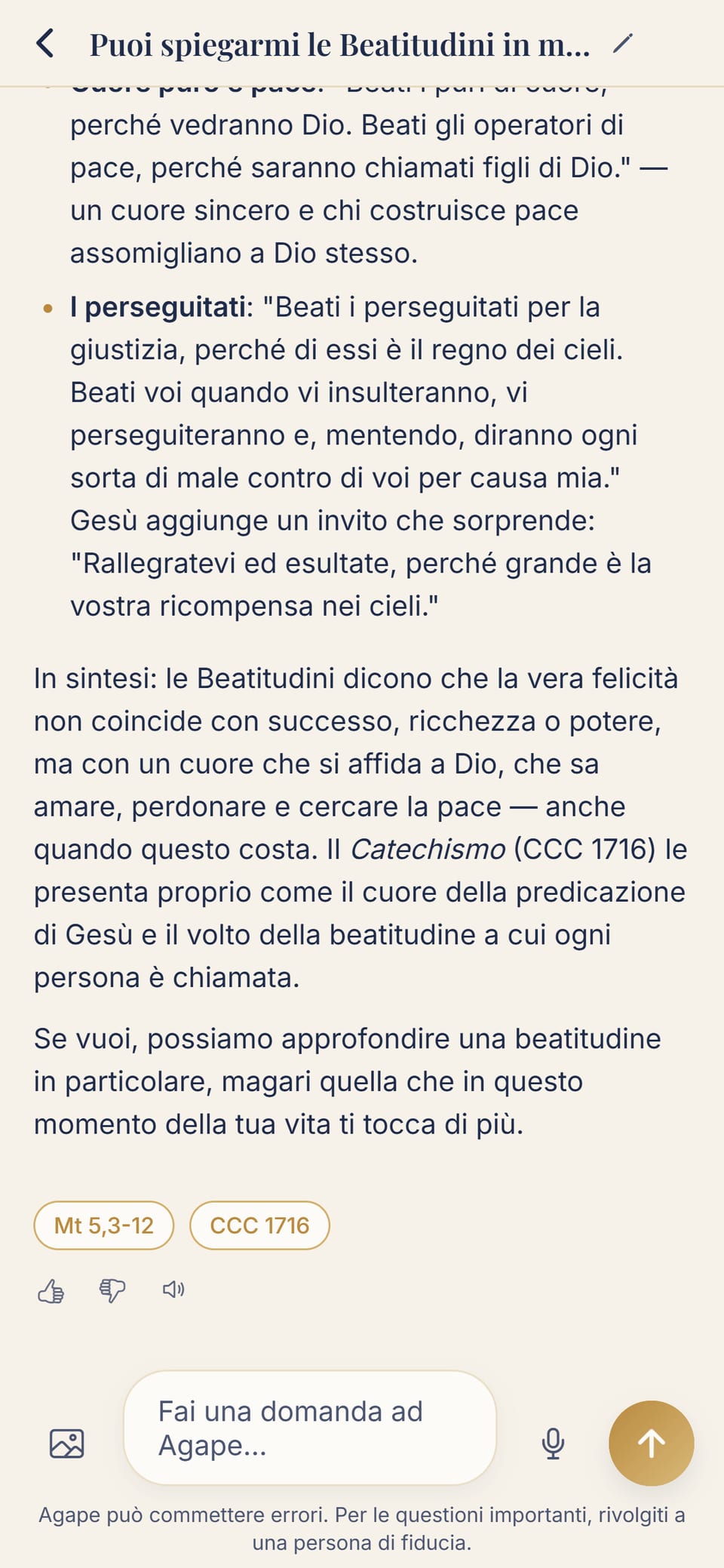 L’app Agape: una risposta sulle Beatitudini con le fonti citate (Mt 5,3-12 e Catechismo)