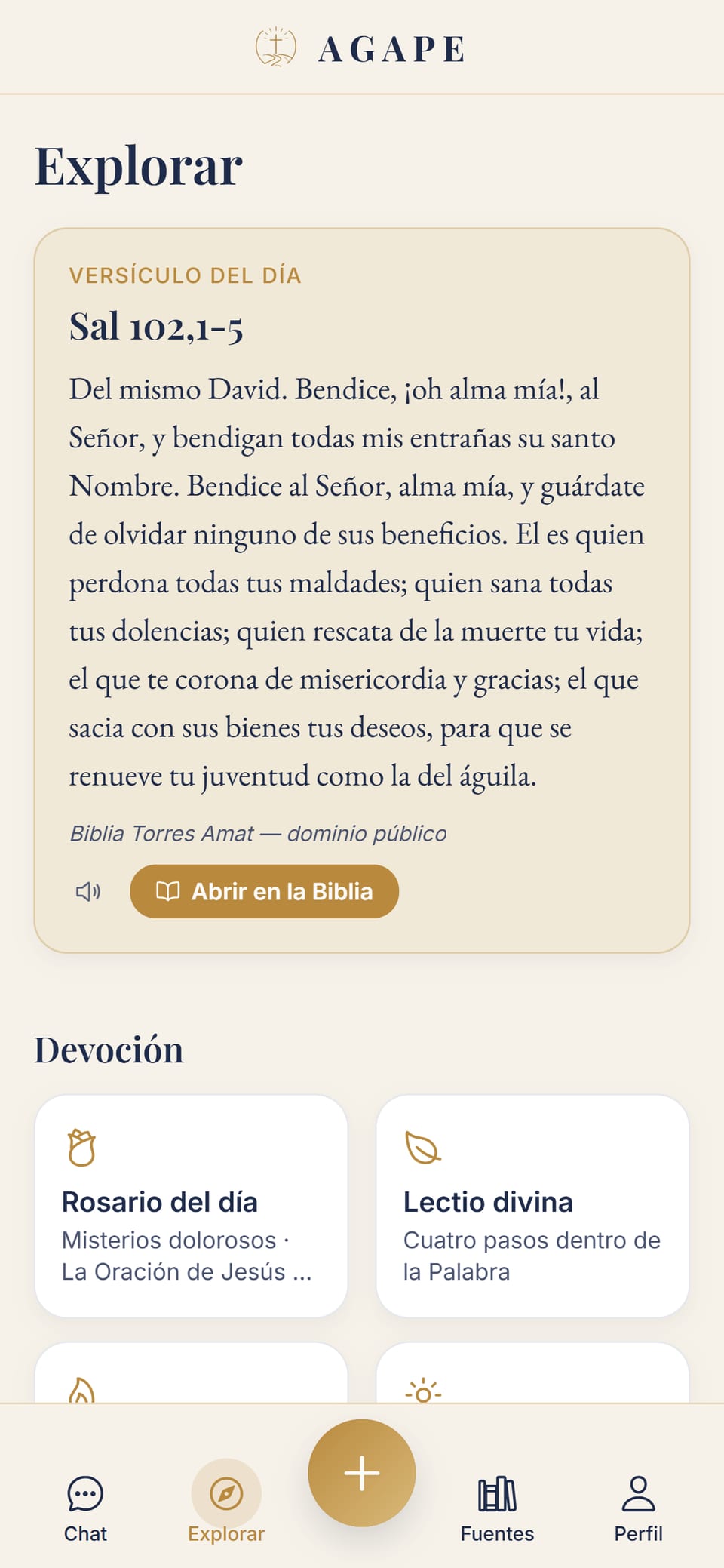 La pantalla Explorar con el versículo del día