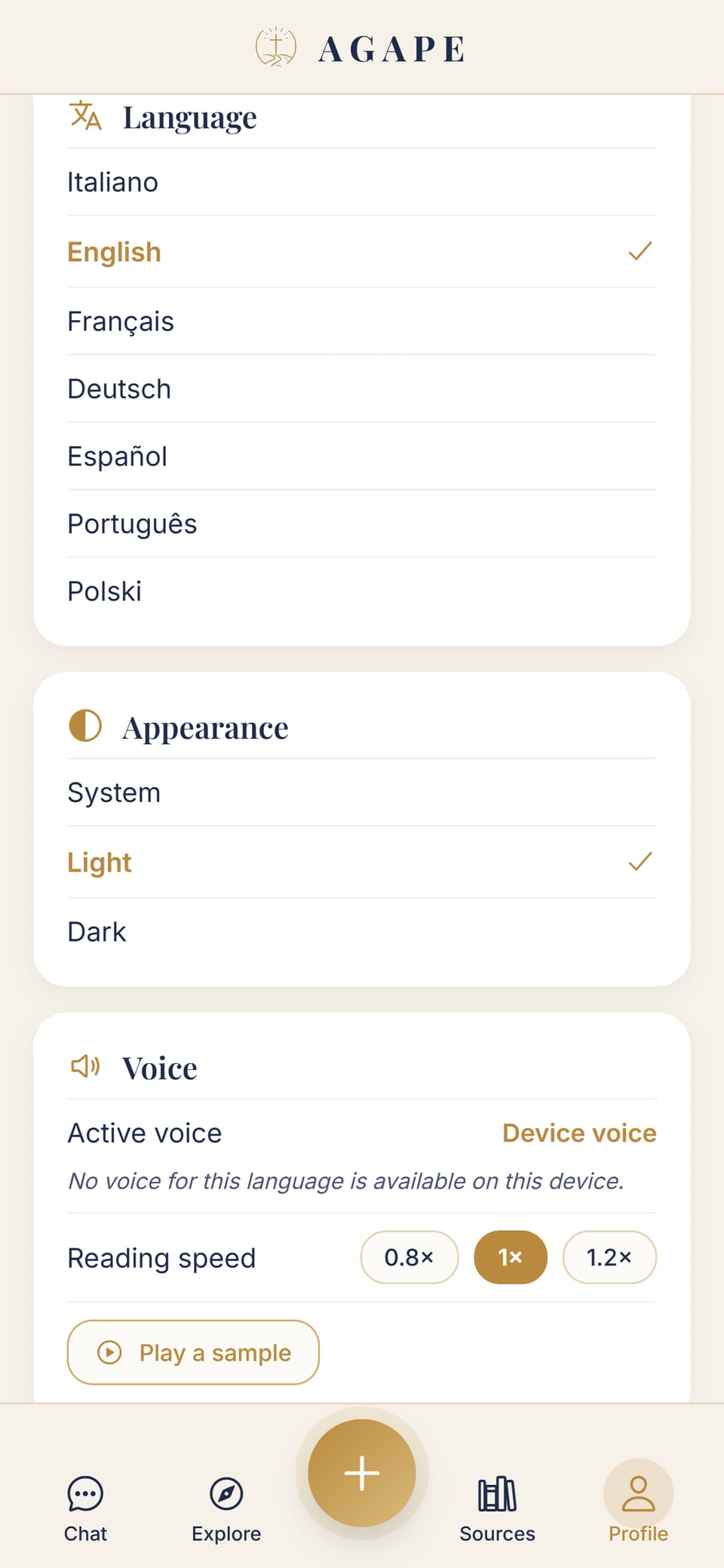Settings: language (7 languages) and appearance with light theme