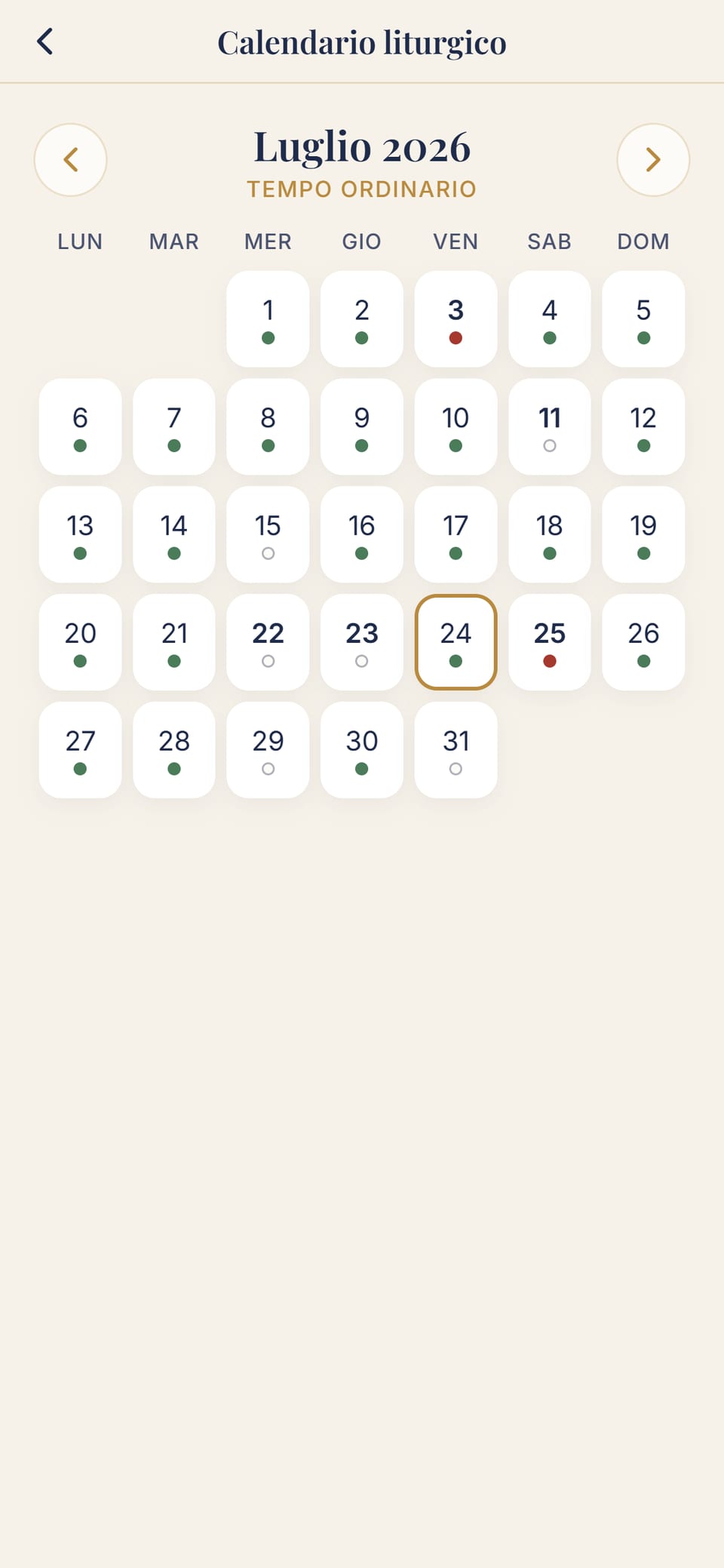 Il calendario liturgico di luglio con i colori e i tempi liturgici
