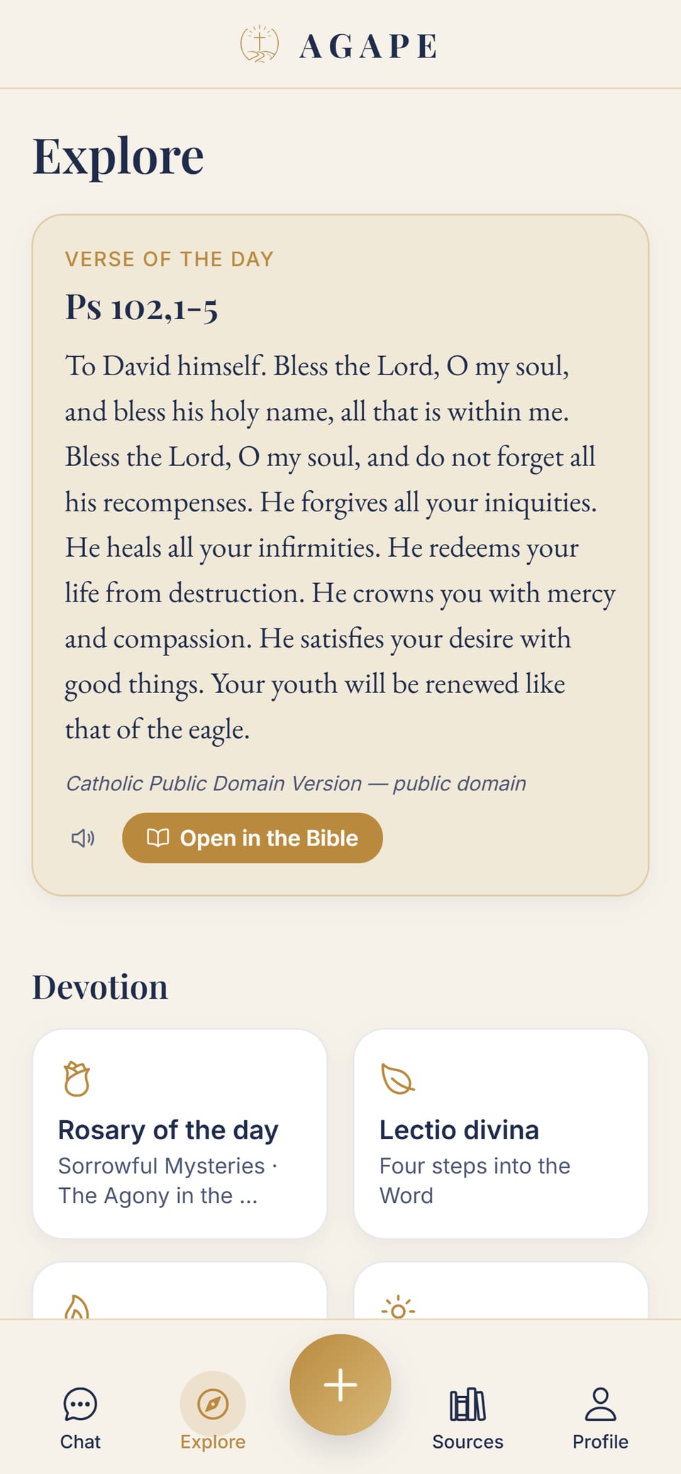 The Explore screen with the verse of the day