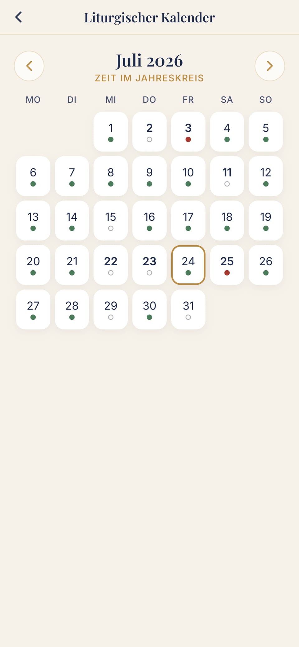 Der liturgische Kalender für Juli mit liturgischen Farben und Zeiten