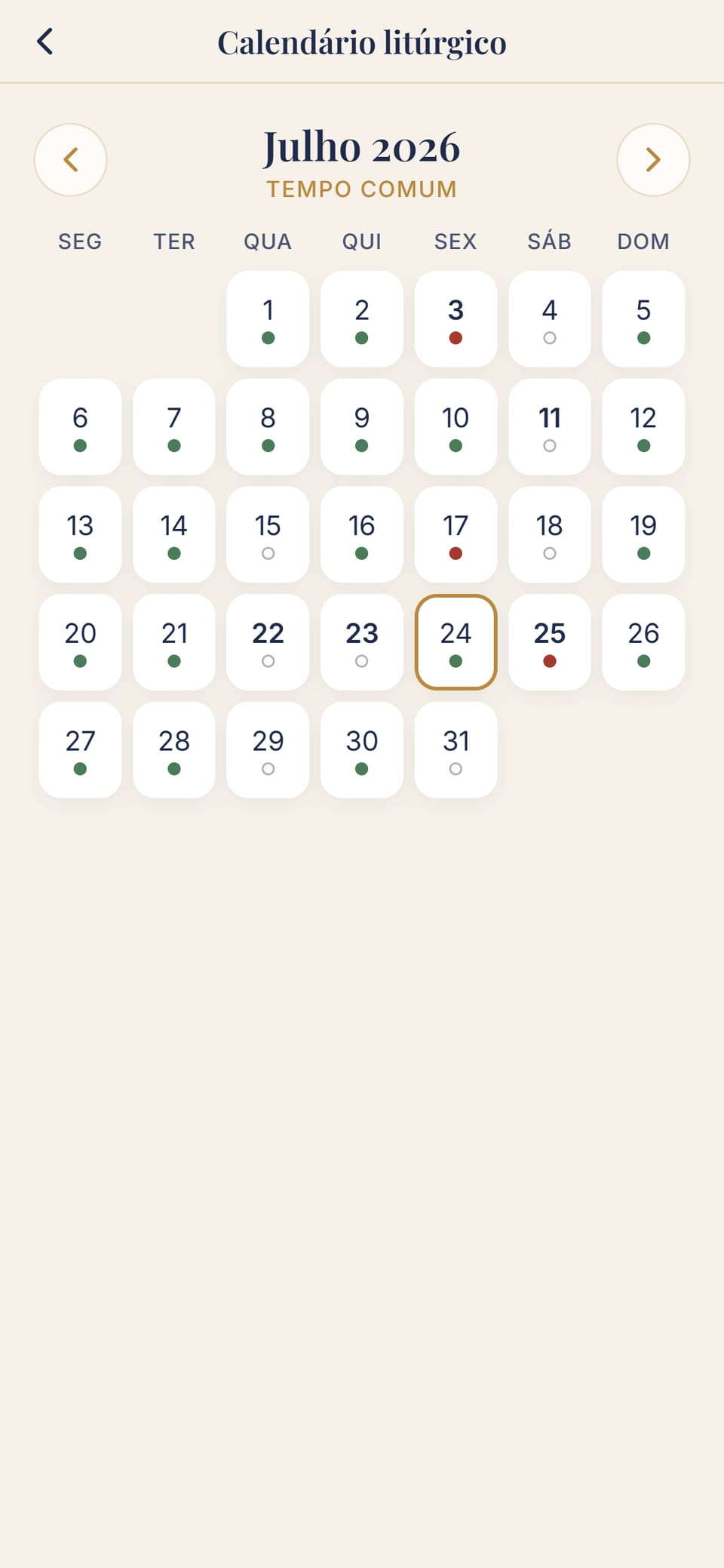 O calendário litúrgico de julho com as cores e os tempos litúrgicos