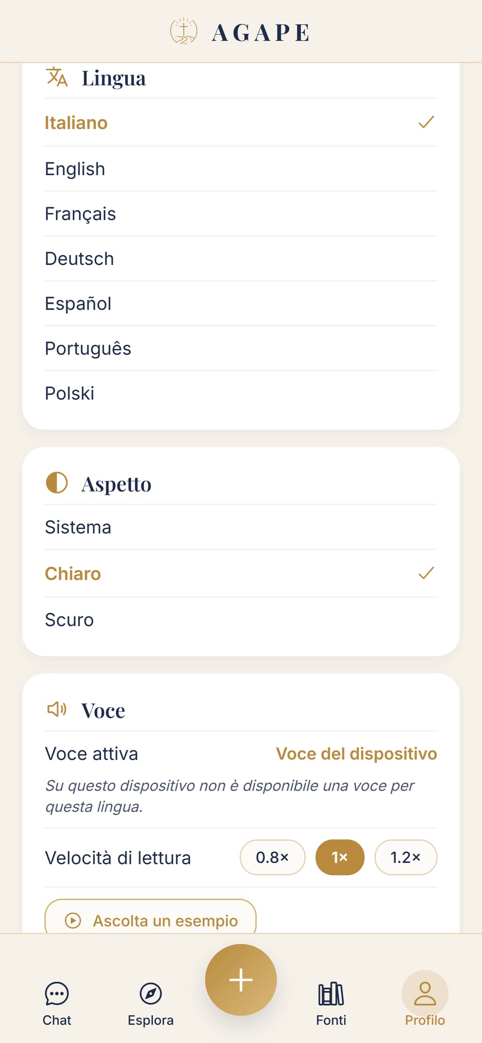 Le impostazioni: lingua (7 lingue) e aspetto con tema chiaro