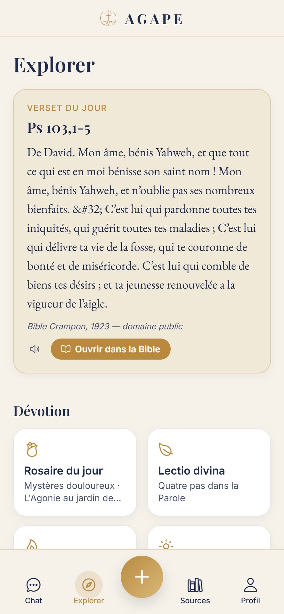 L’écran Explorer avec le verset du jour