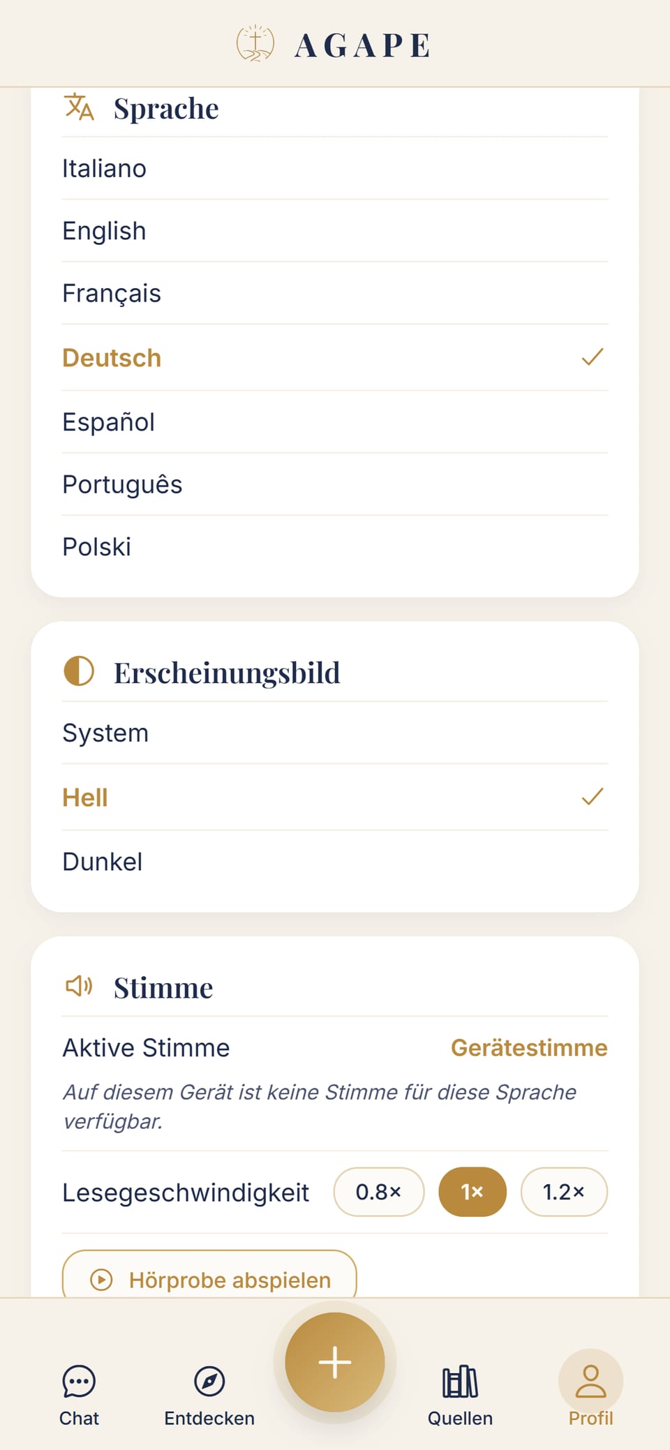 Die Einstellungen: Sprache (7 Sprachen) und Erscheinungsbild mit hellem Design