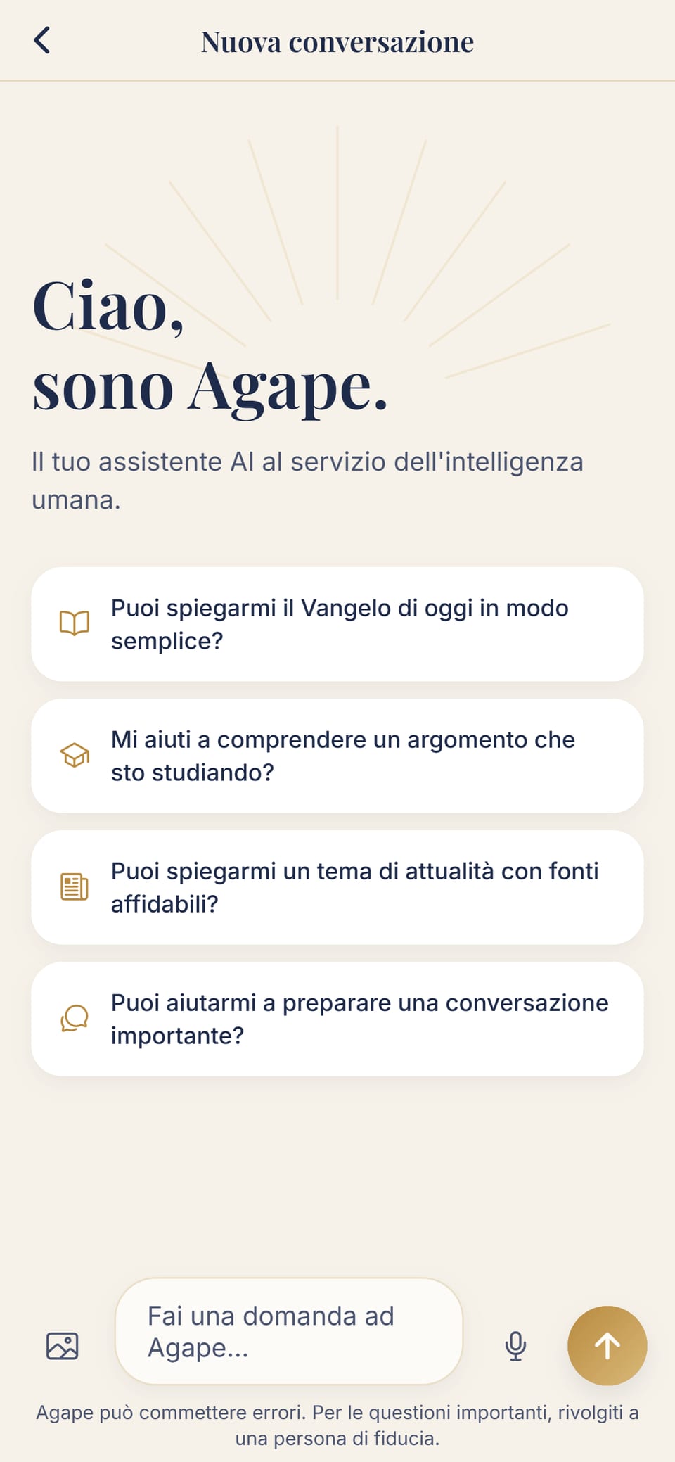 La schermata di una nuova conversazione: studiare, capire un tema di attualità, preparare una conversazione importante, il Vangelo del giorno
