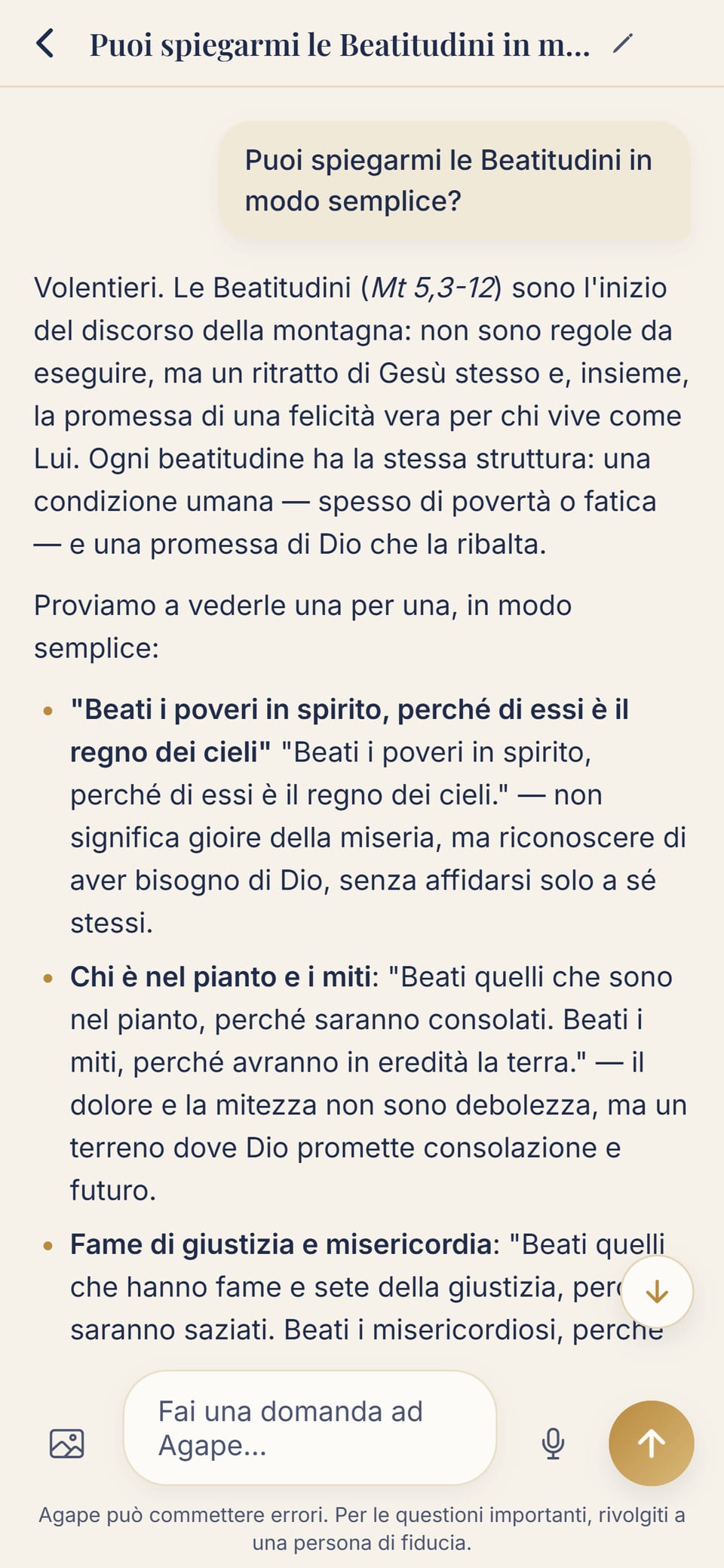 Una conversazione reale con Agape: la domanda sulle Beatitudini e l’inizio della risposta