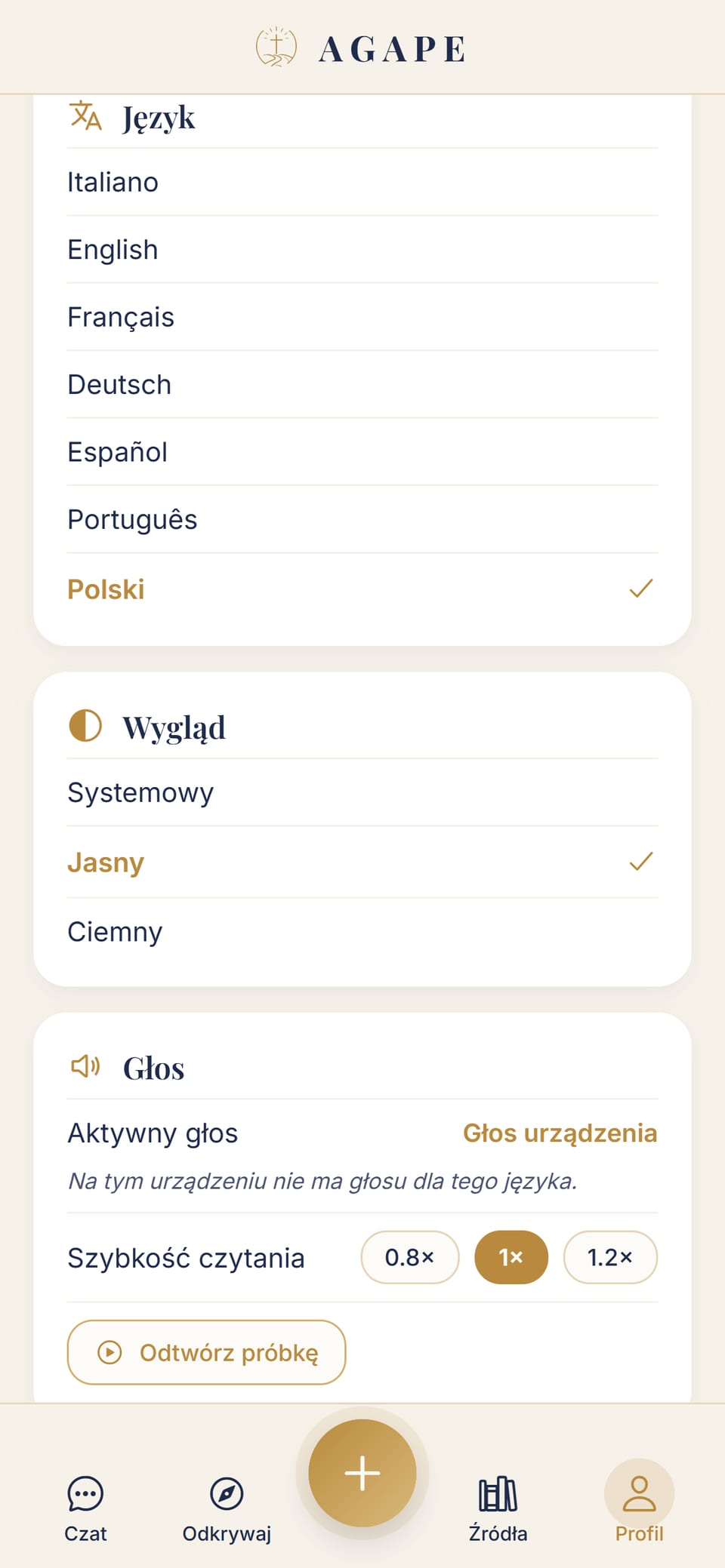 Ustawienia: język (7 języków) i wygląd z jasnym motywem