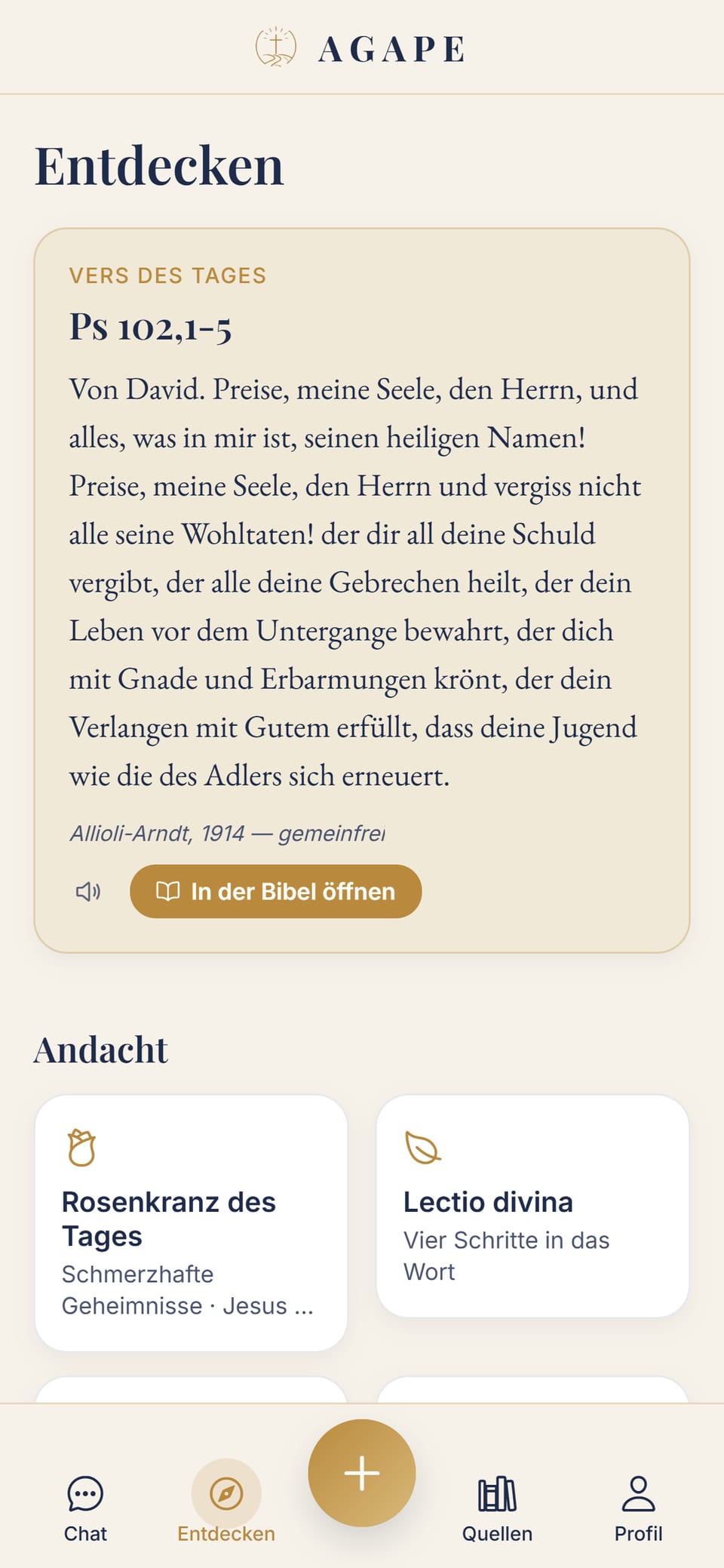 Der Entdecken-Bildschirm mit dem Vers des Tages