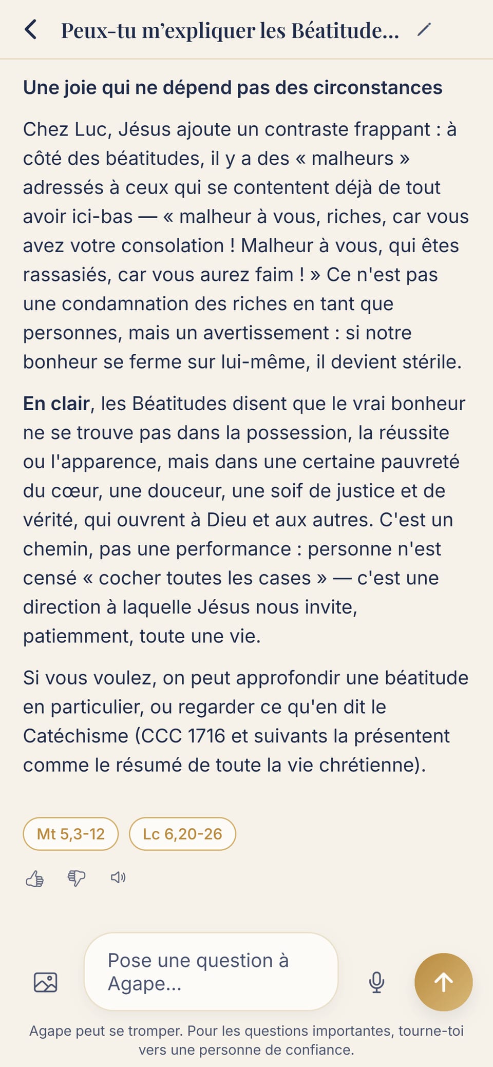 L’app Agape : une réponse sur les Béatitudes avec les sources citées (Mt 5,3-12 et Lc 6,20-26)
