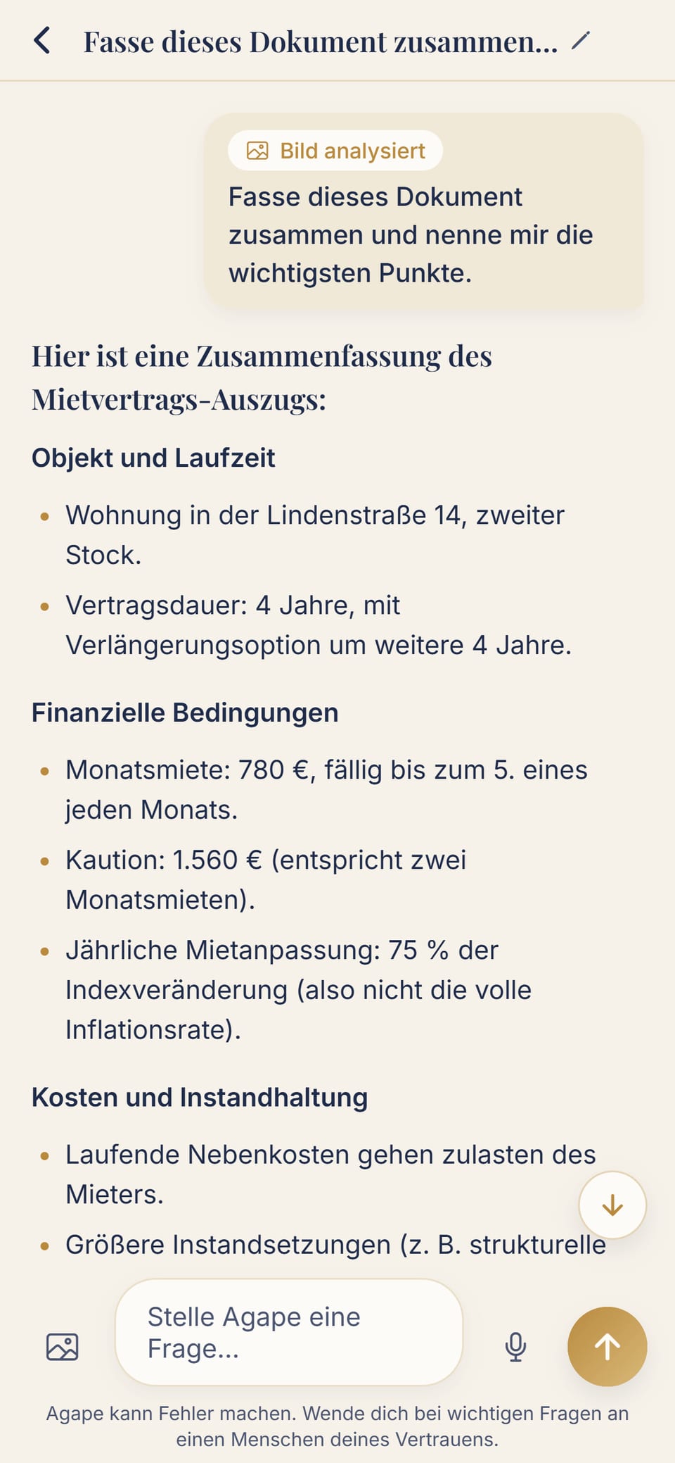 Die Agape-App: das Foto eines Mietvertrags, Punkt für Punkt zusammengefasst