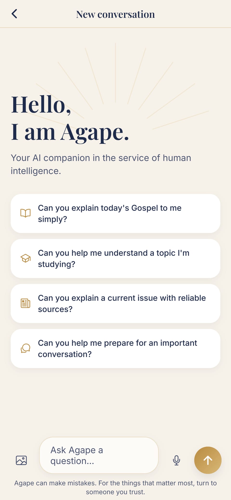 A new conversation screen: study, understanding a current topic, preparing an important conversation, today’s Gospel