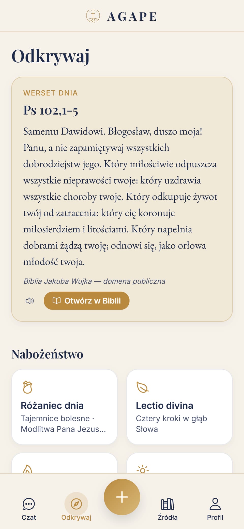 Ekran Odkrywaj z wersetem dnia