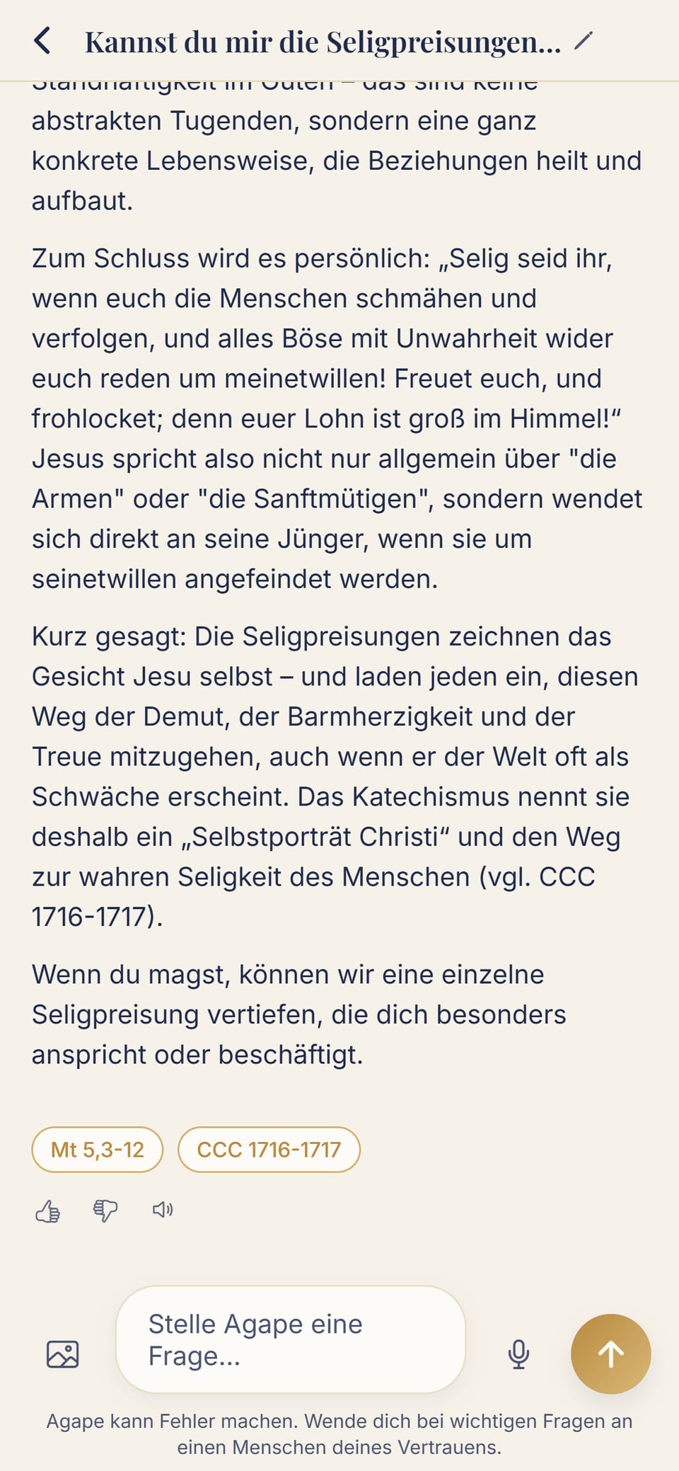 Die Agape-App: eine Antwort zu den Seligpreisungen mit zitierten Quellen (Mt 5,3-12 und Katechismus)