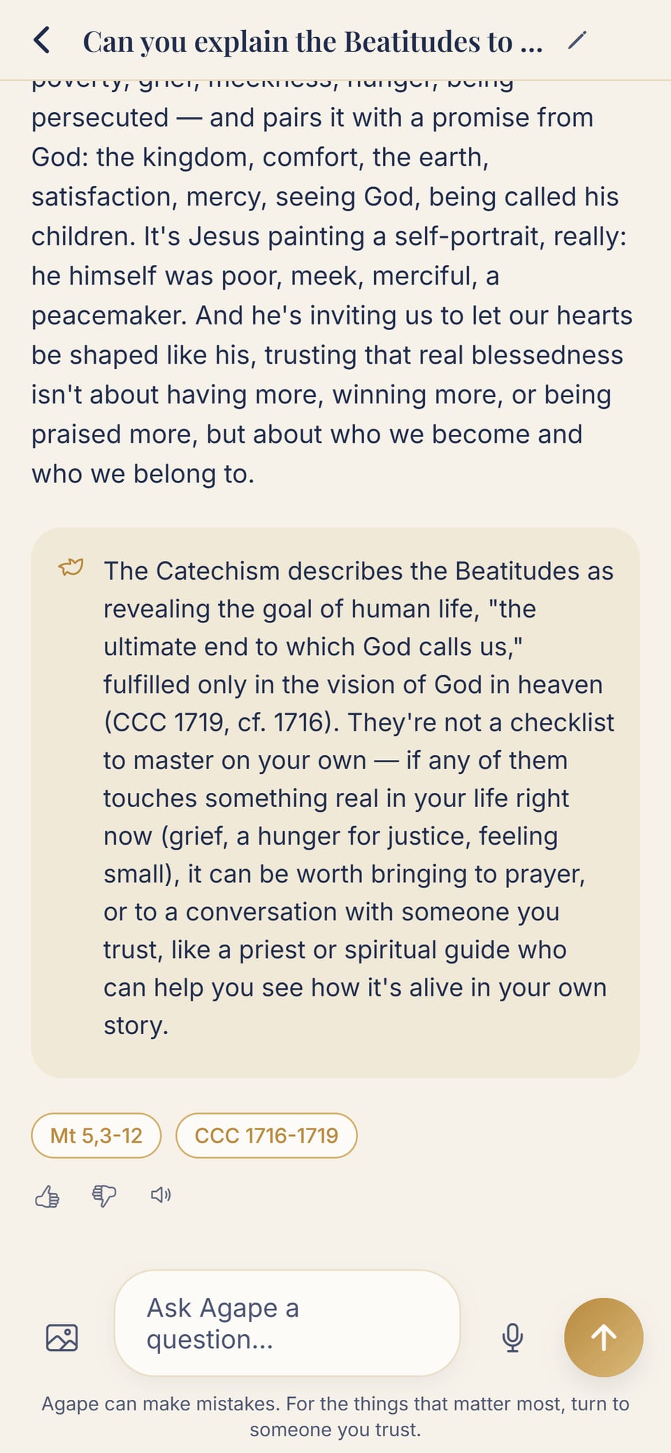 The Agape app: an answer about the Beatitudes with cited sources (Mt 5:3-12 and the Catechism)