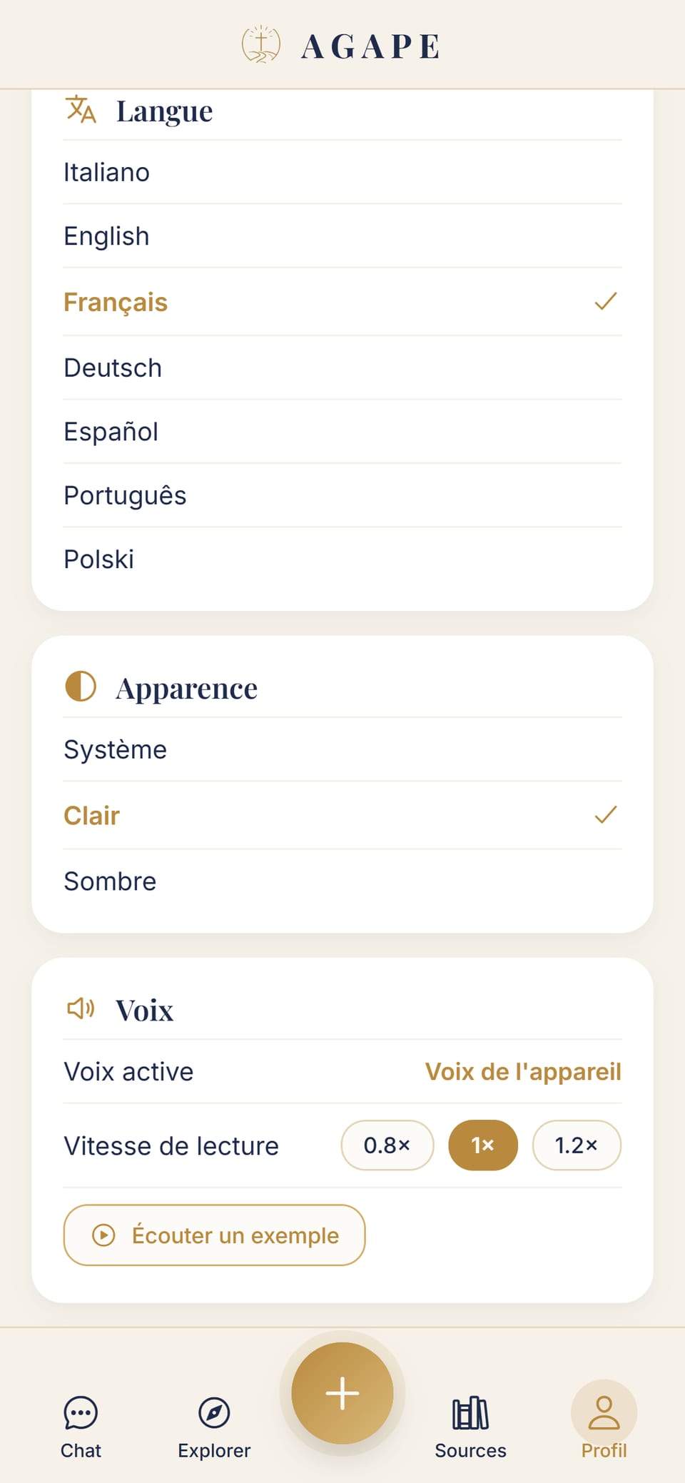 Les réglages : langue (7 langues) et apparence avec thème clair