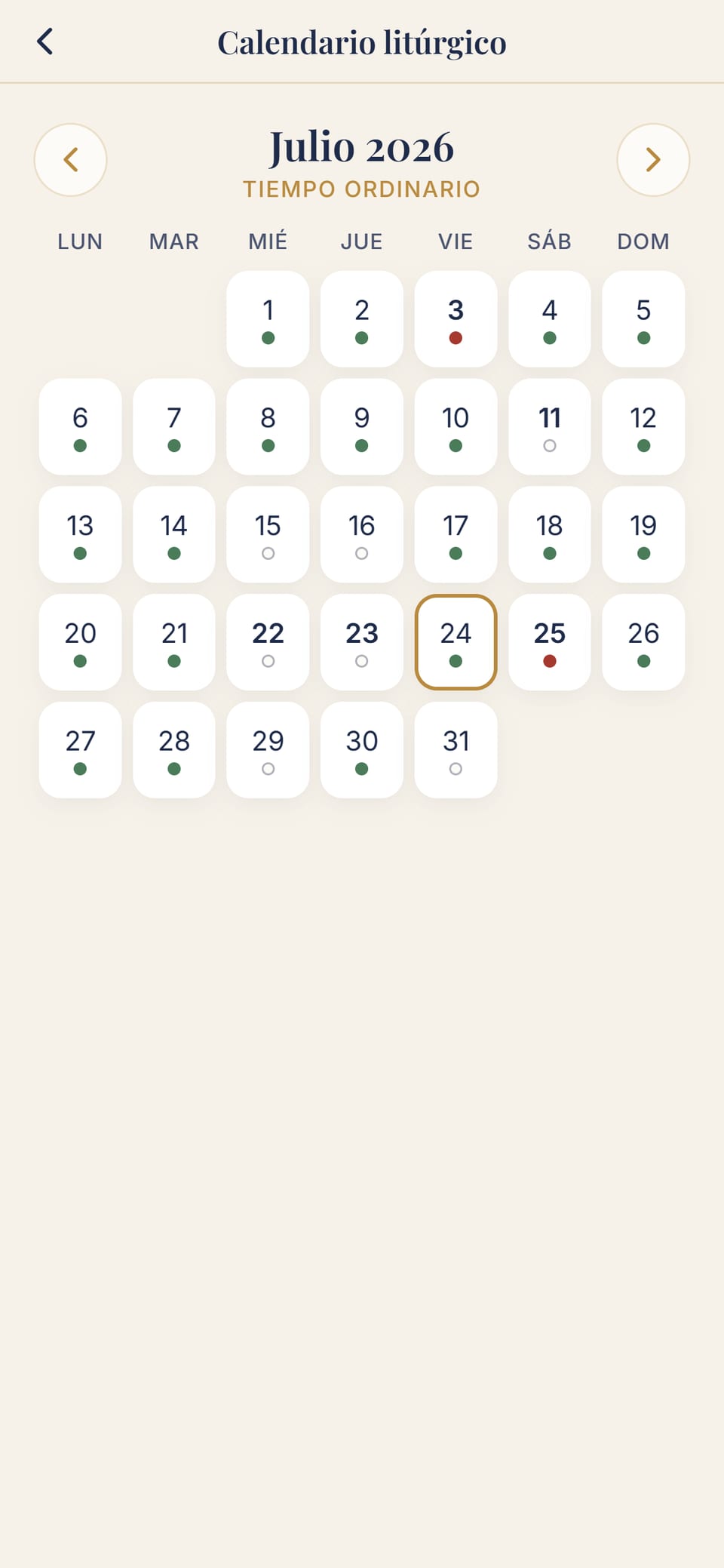 El calendario litúrgico de julio con los colores y los tiempos litúrgicos