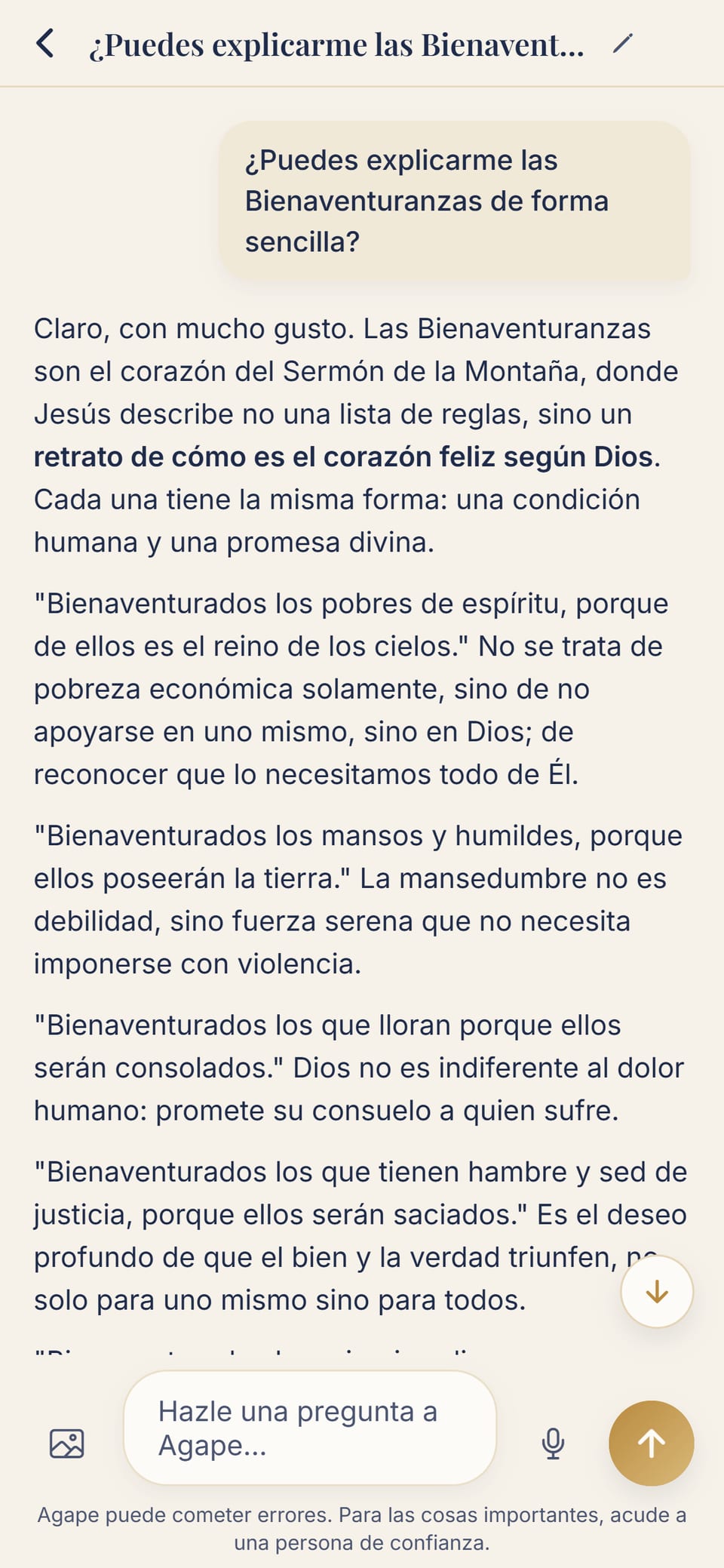Una conversación real con Agape: la pregunta sobre las Bienaventuranzas y el comienzo de la respuesta