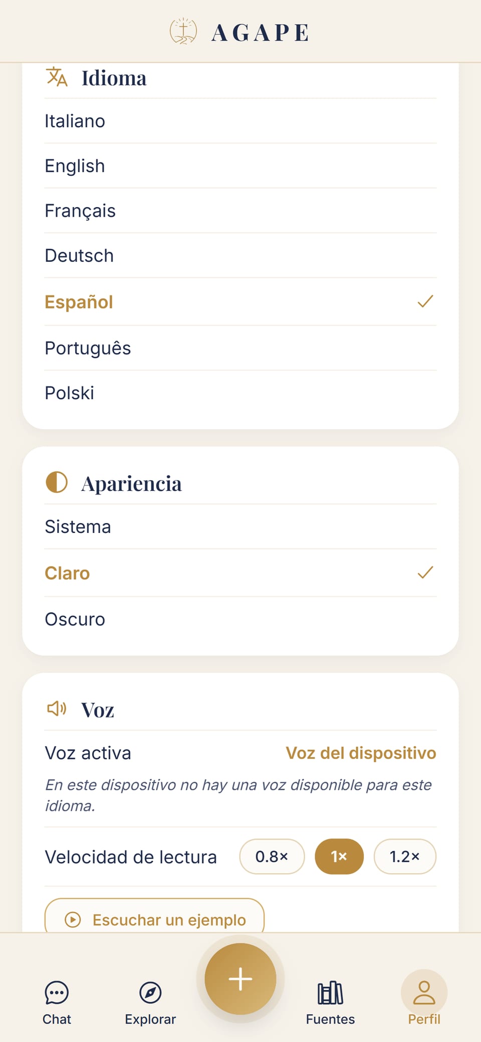 Los ajustes: idioma (7 idiomas) y apariencia con tema claro