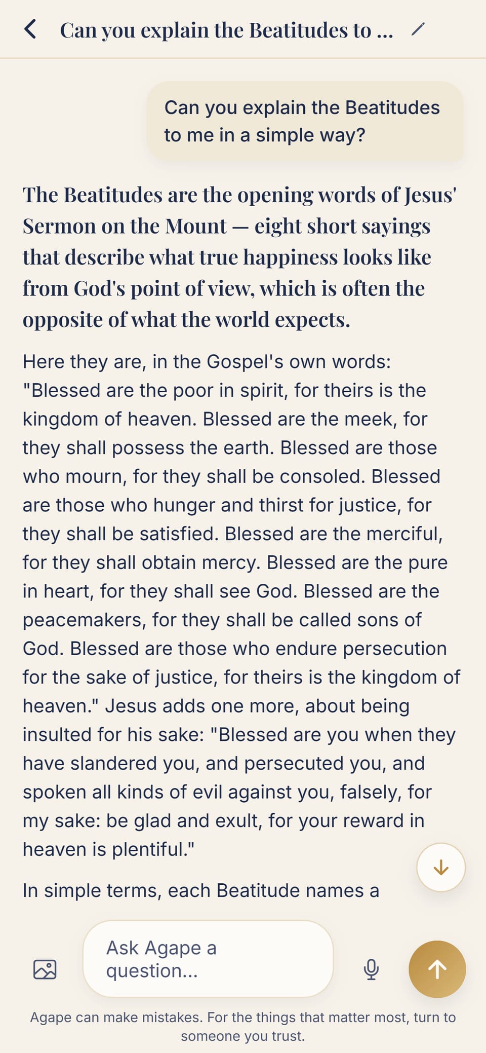A real conversation with Agape: the question about the Beatitudes and the beginning of the answer