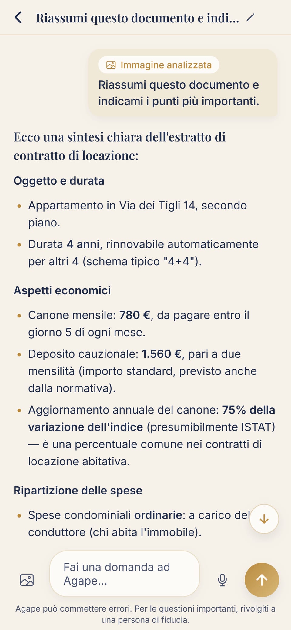 L’app Agape: la foto di un contratto di locazione, riassunta punto per punto