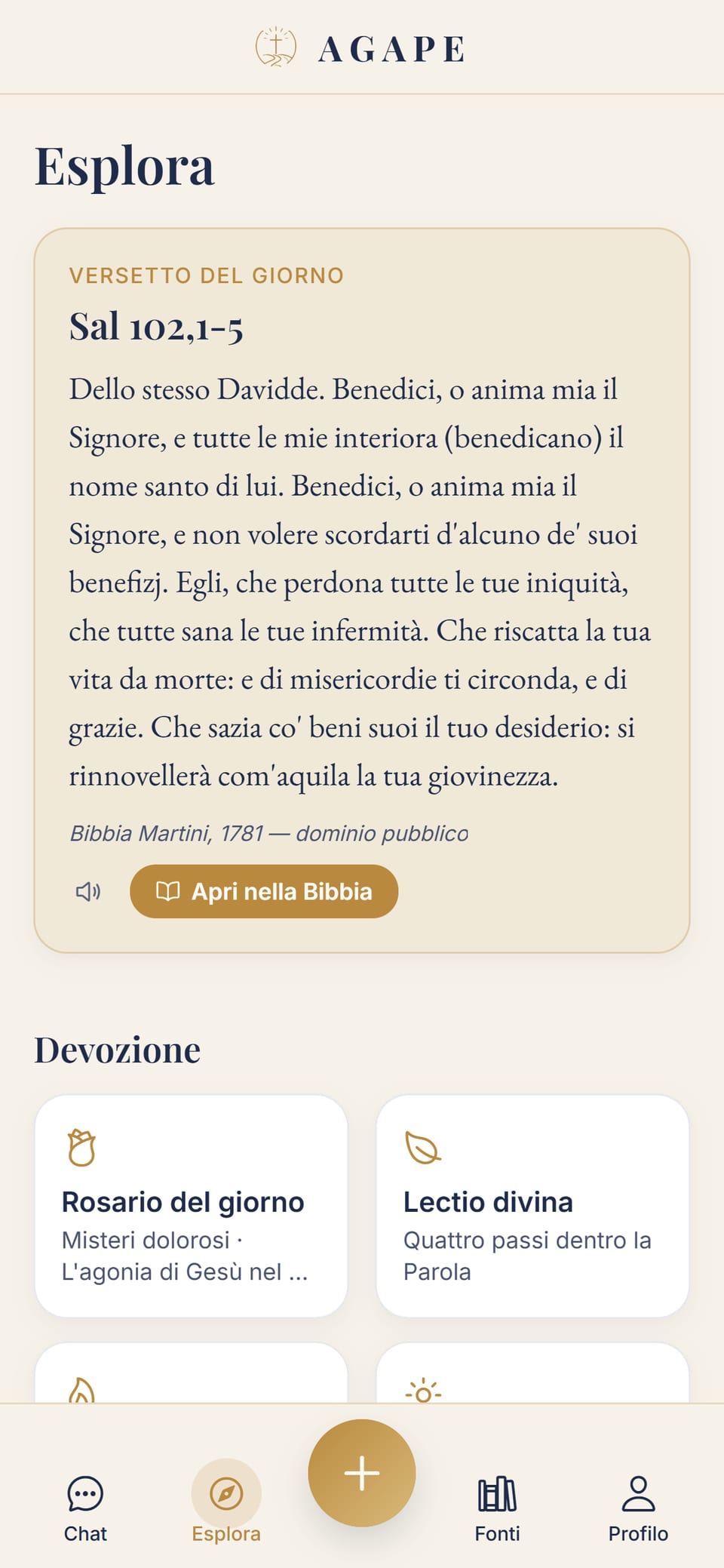 La schermata Esplora con il versetto del giorno